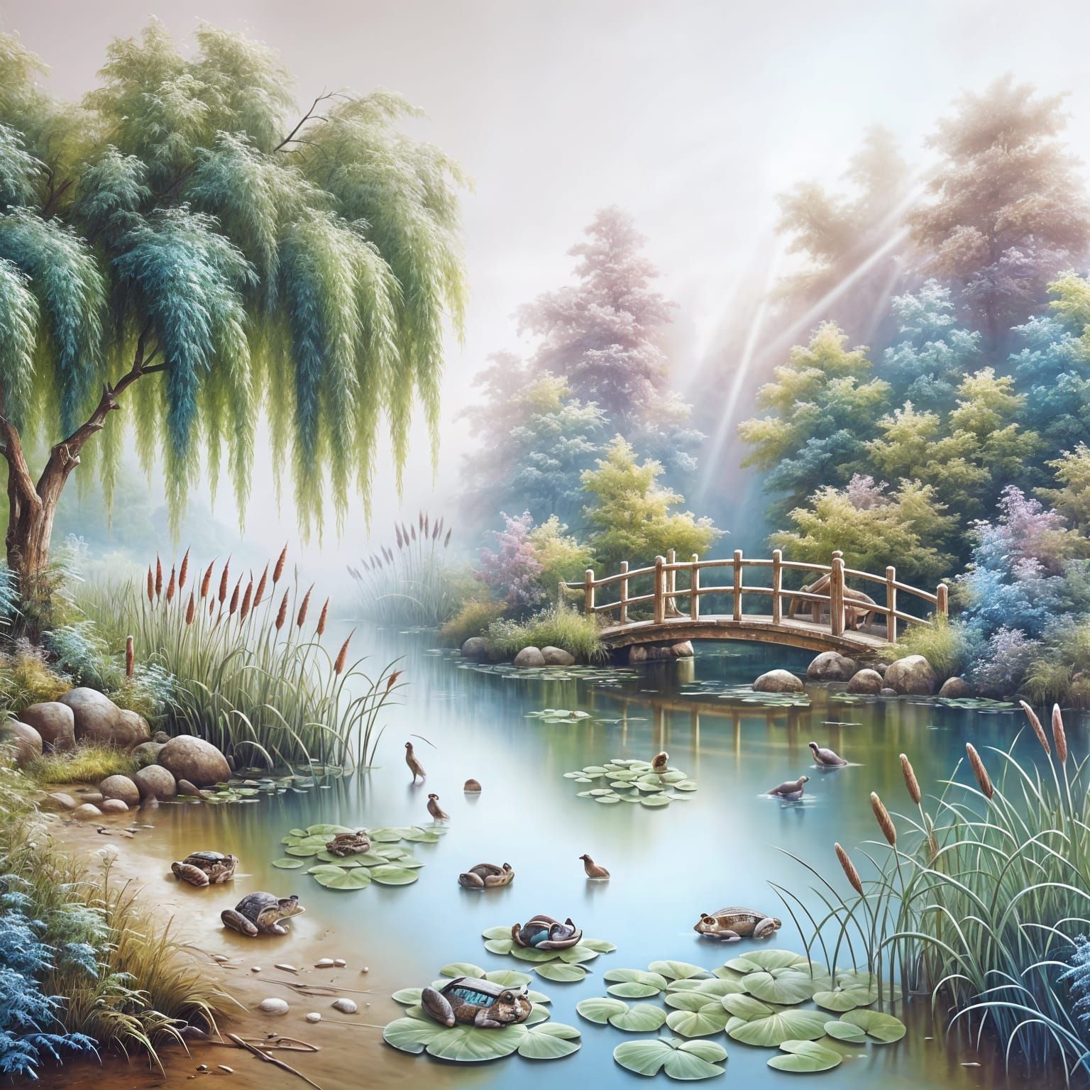 Charming Pond with Frogs in Muted Colors