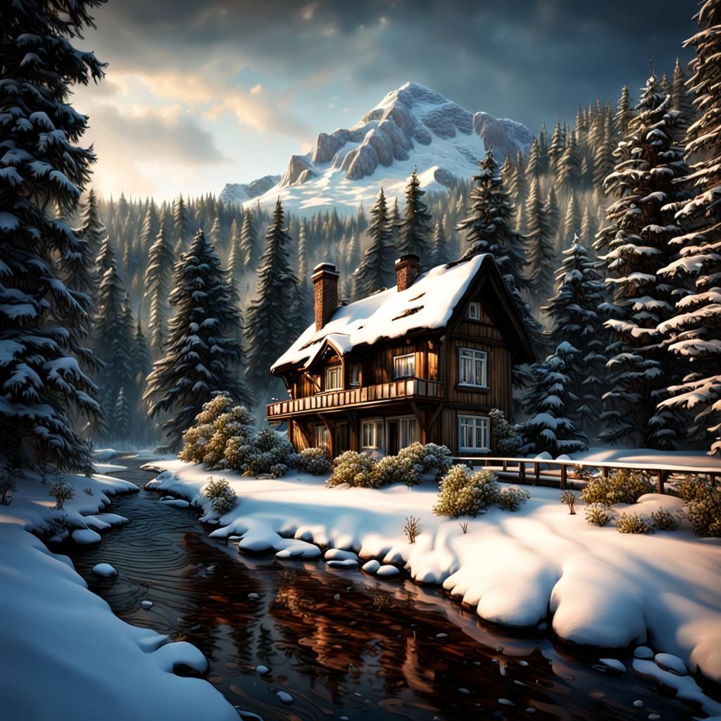 Serene Winter Wonderland in Hyperrealistic Style