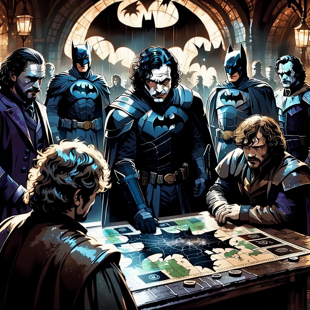 Jon Snow, Batman strategize, holographic map; Joker, Tyrion'...