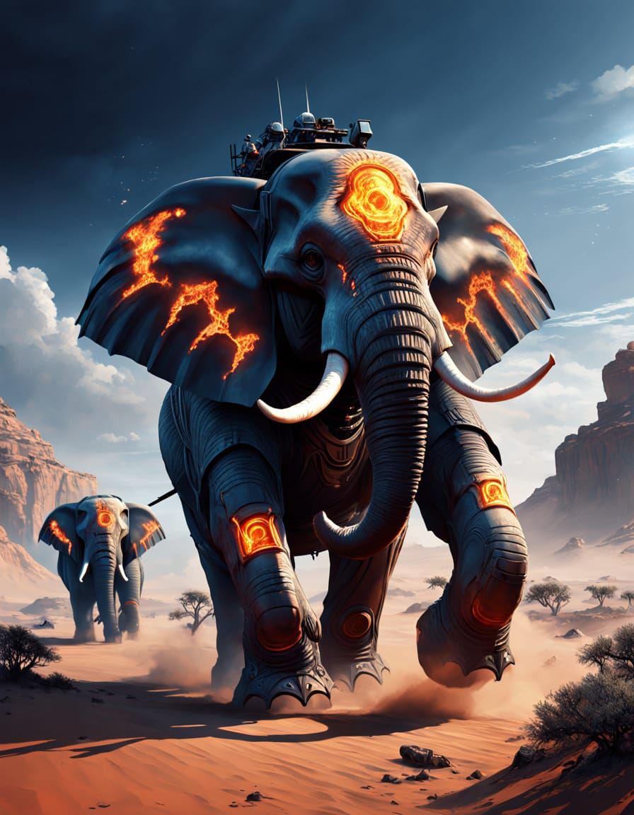 Futuristic Female Warriors Ride Armored Elephants Through Ex...
