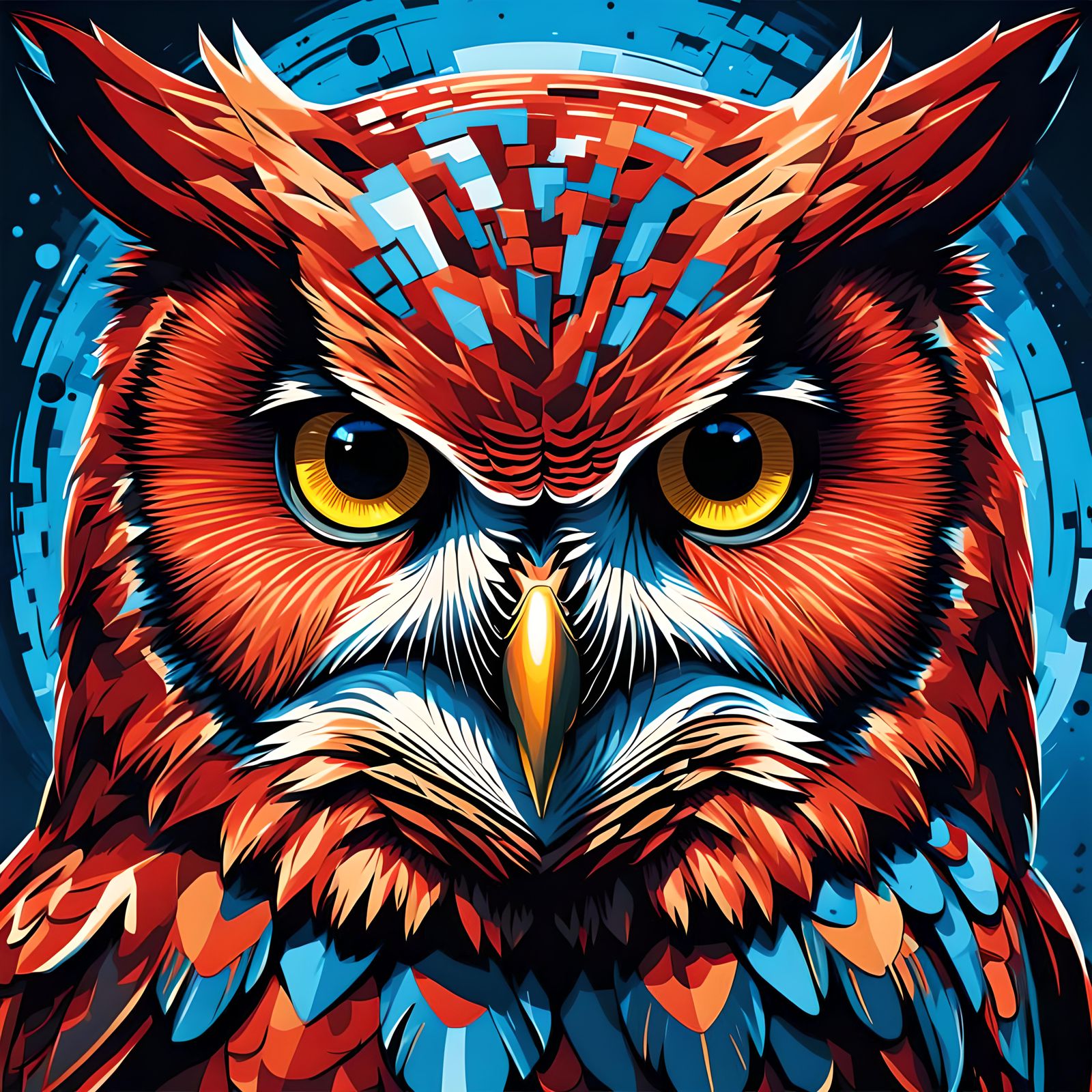 Red Owl with Blue Eyes in Abstract Expressionism