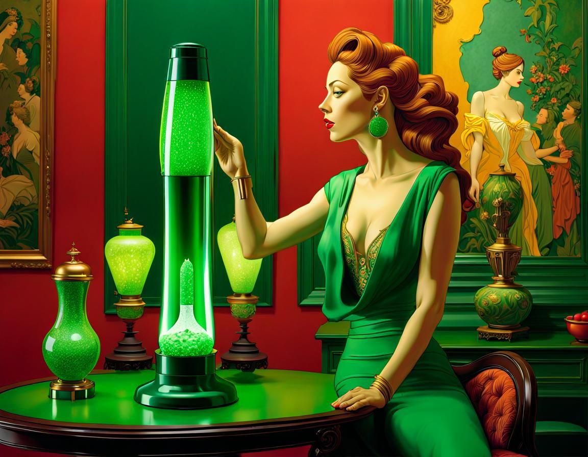 Green Room Woman with Lava Lamp in Hyperrealistic Style