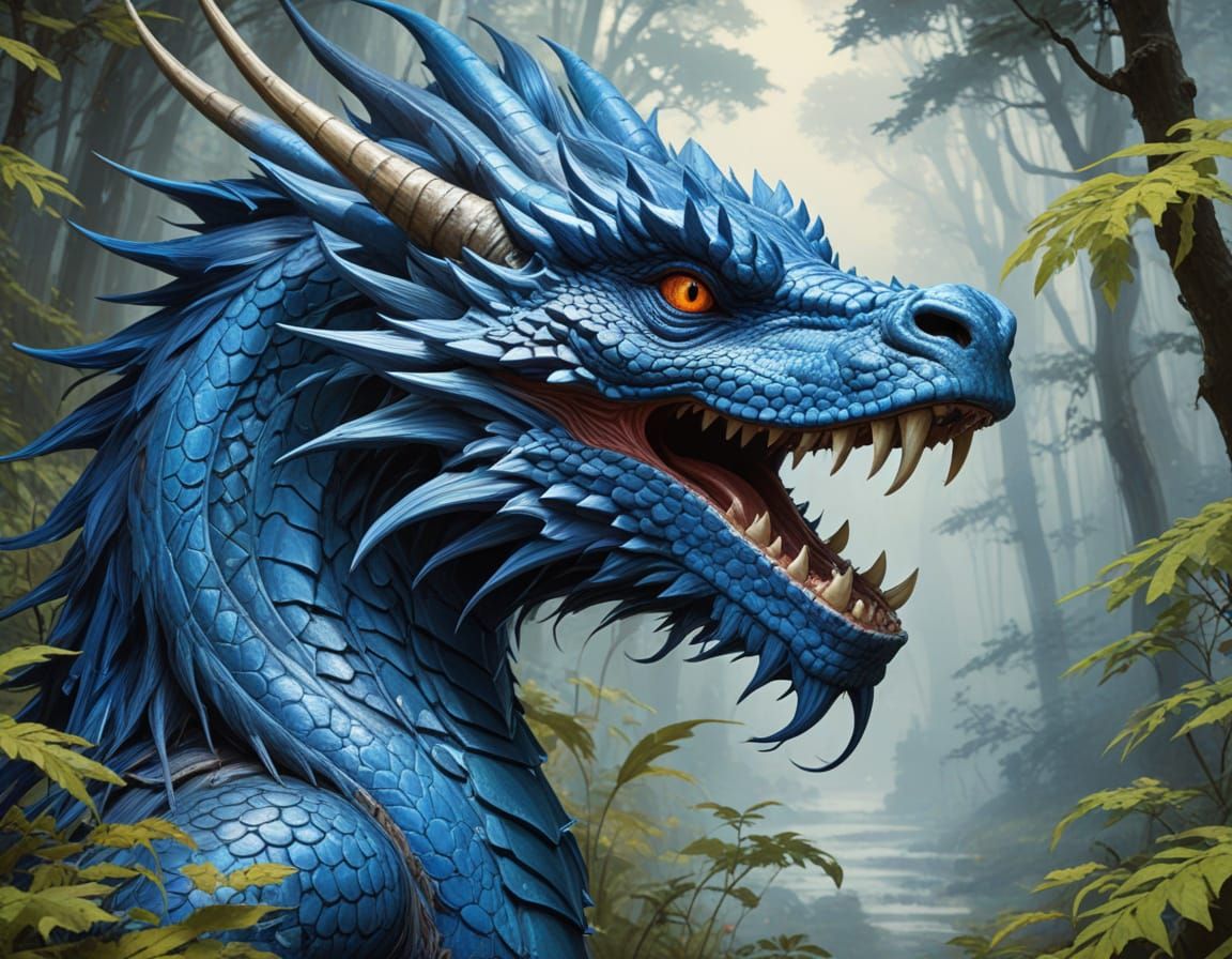 Majestic Blue Dragon in Enchanting Forest: Indian Ink Art