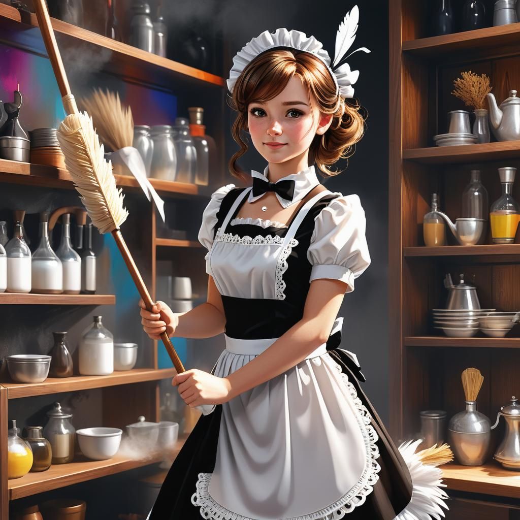 Hyperrealistic French Maid Dusting Shelves