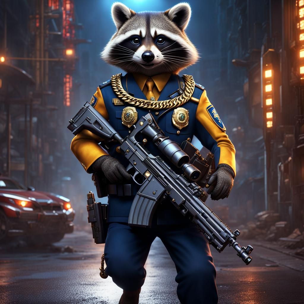 Raccoon Police Officer with Machine Gun