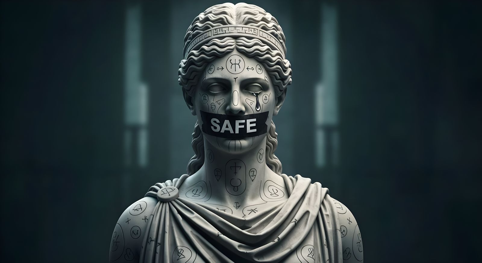Greek Statue Gagged with "SAFE" Tape in Dystopian Style