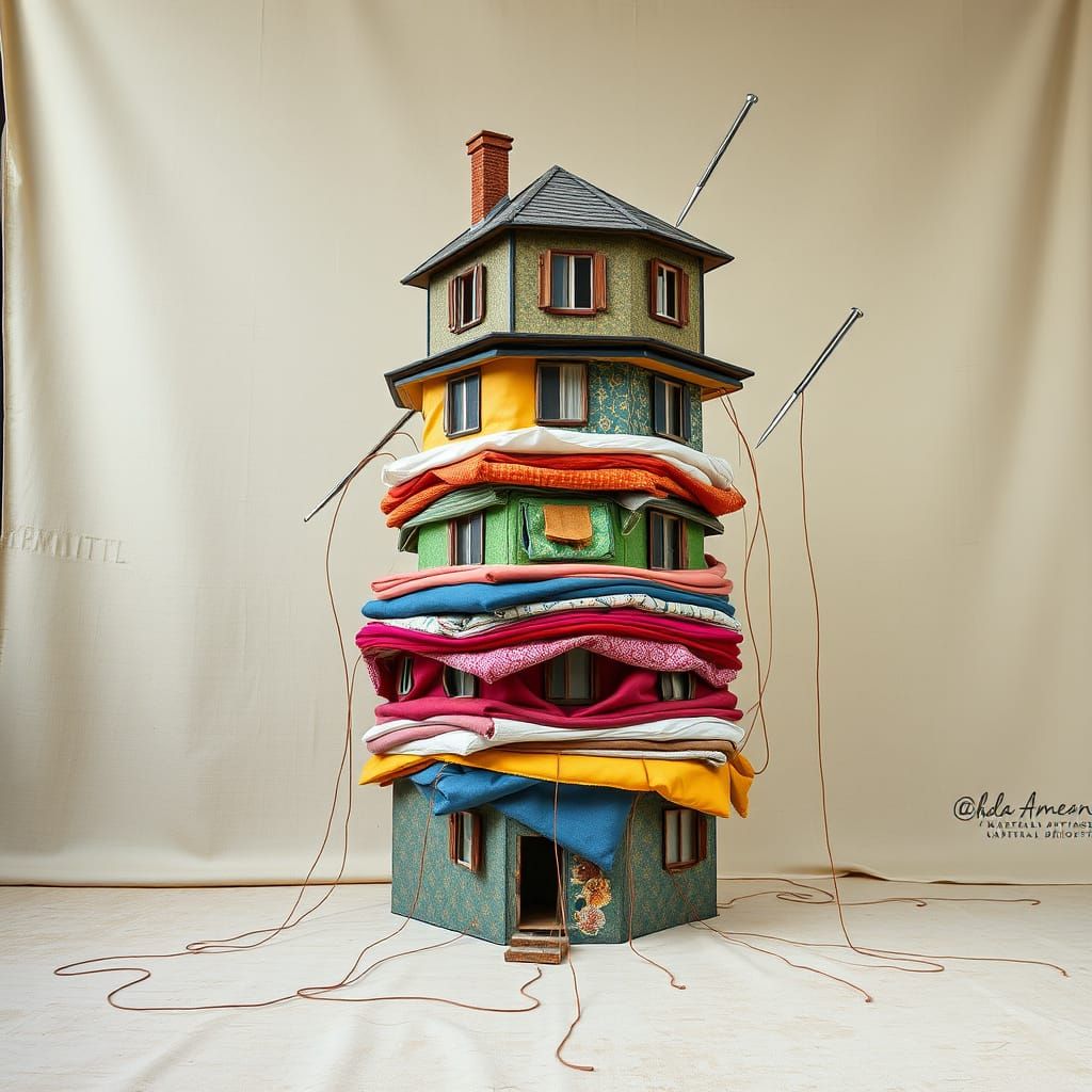 Whimsical Textile Cityscape in Vibrant Fabrics and Canvas