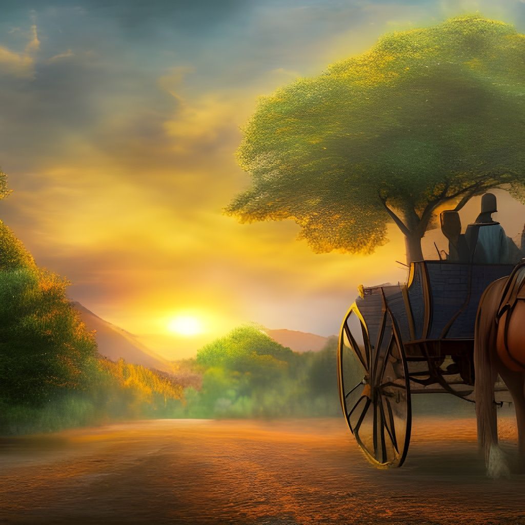 Tolkien-esque Sunrise with Horse-Drawn Carriage