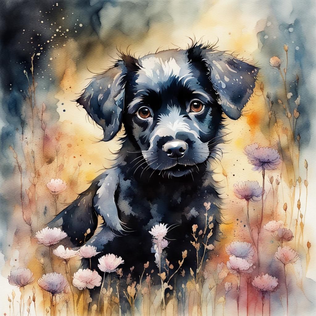 Black Puppy in Watercolor Wonderland Illustration