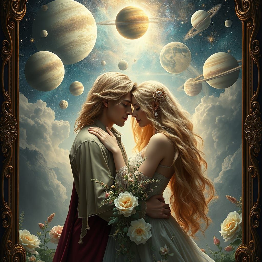 Ethereal Celestial Romance: A Digital Painting of Love Under...