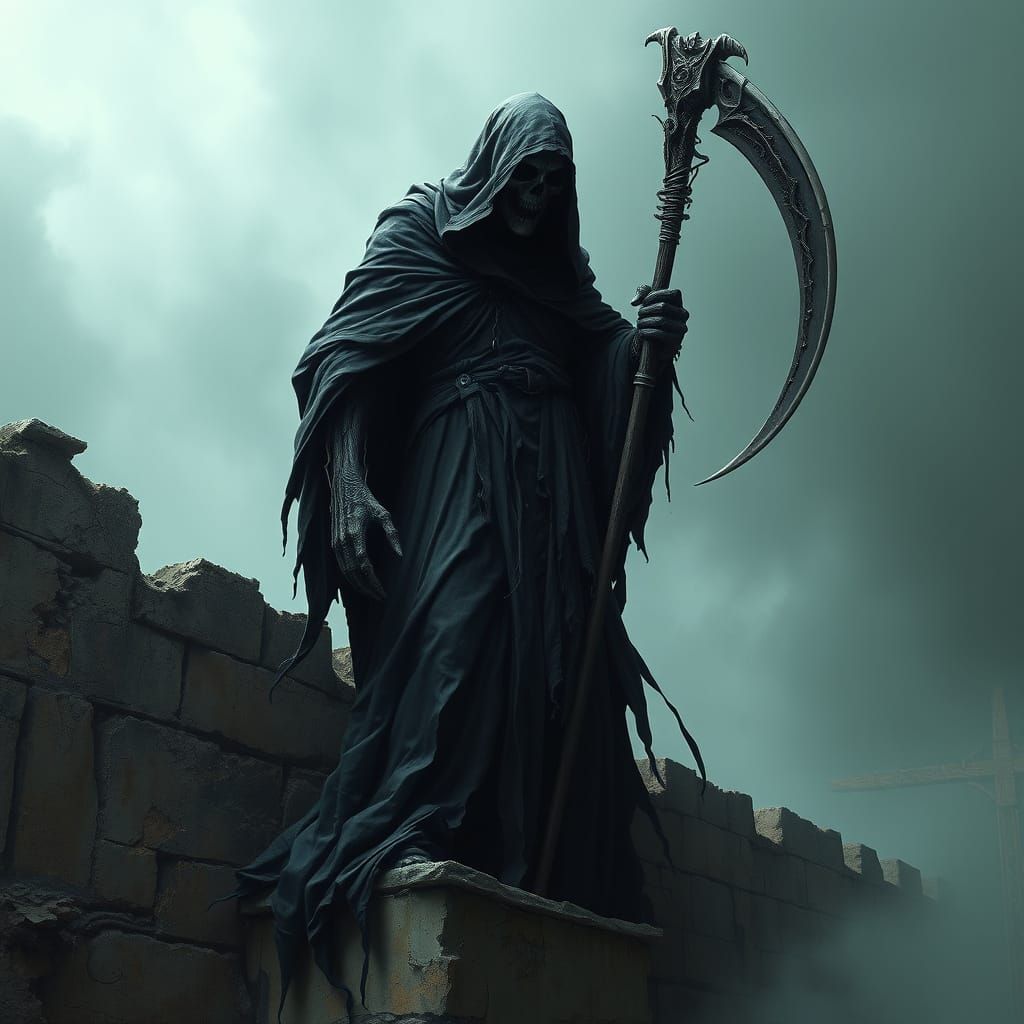 Grim Reaper on Crumbling Wall in Mystical Style