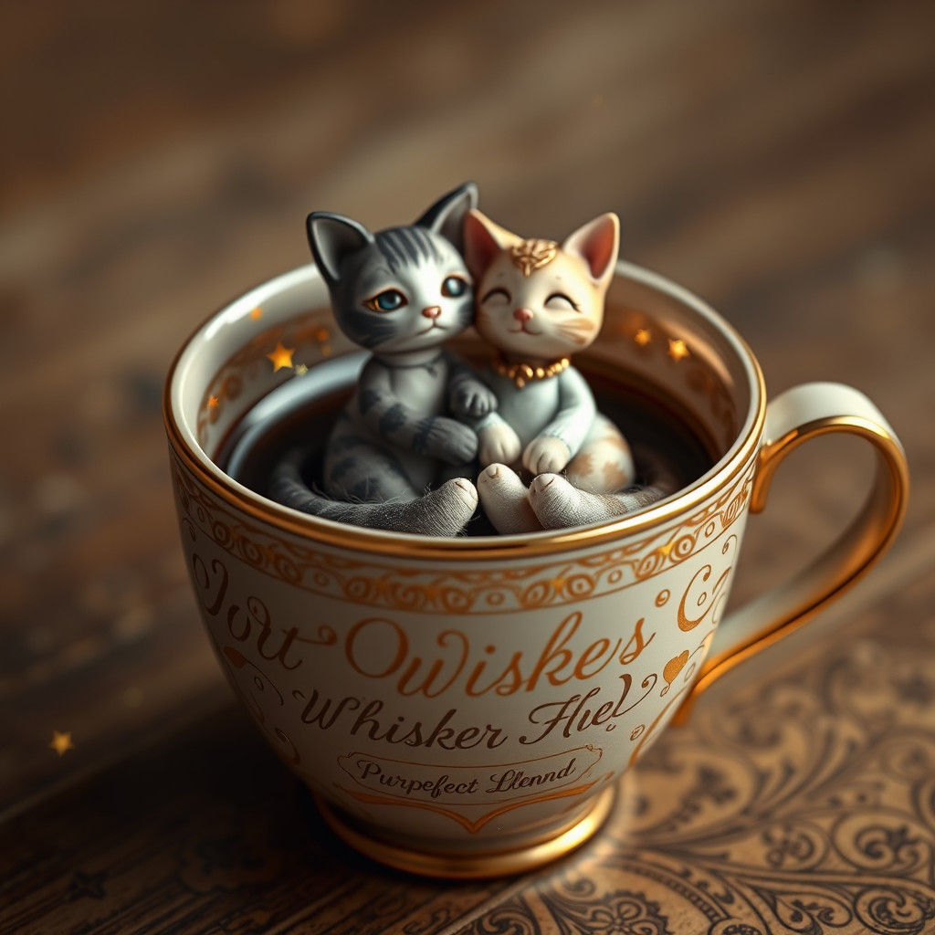 Intricate Coffee Cup with Cat Dolls in Fantasy Art