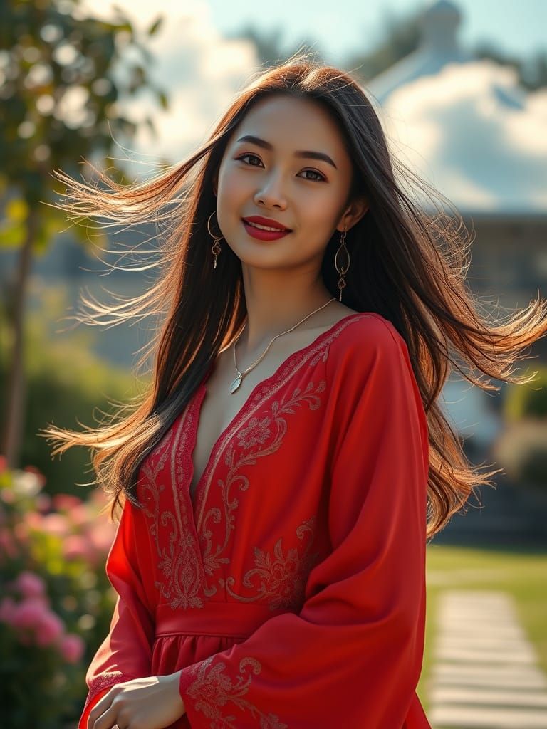 Radiant Woman in Luxurious Red Silk Dress at Garden Party