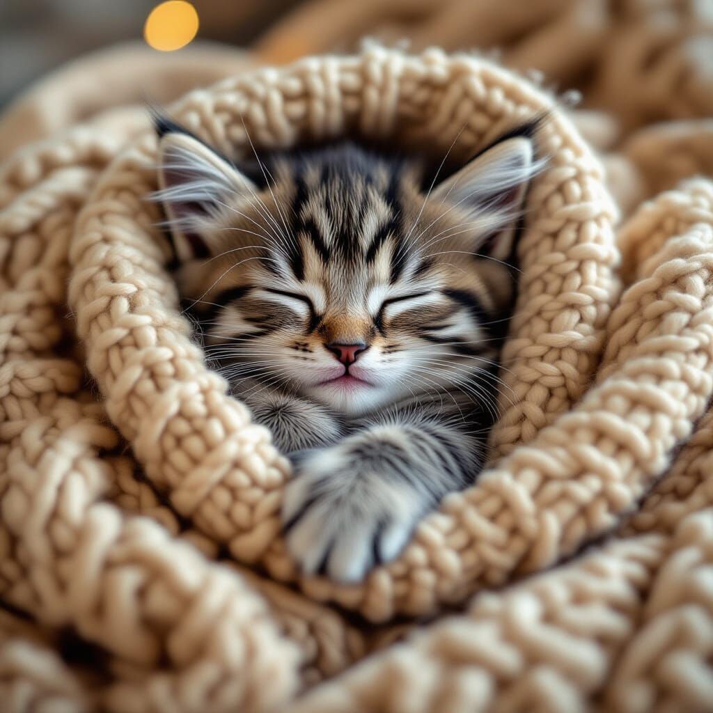 Tiny Kitten Sleeps Safely in Cozy Wool Sweater