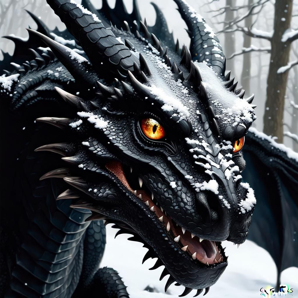 Detailed Portrait of a Black Dragon in Winter