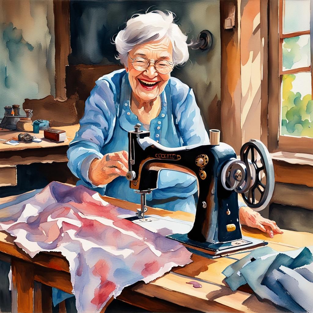 Laughing Seamstress: Gouache Watercolor Impressionist Painti...