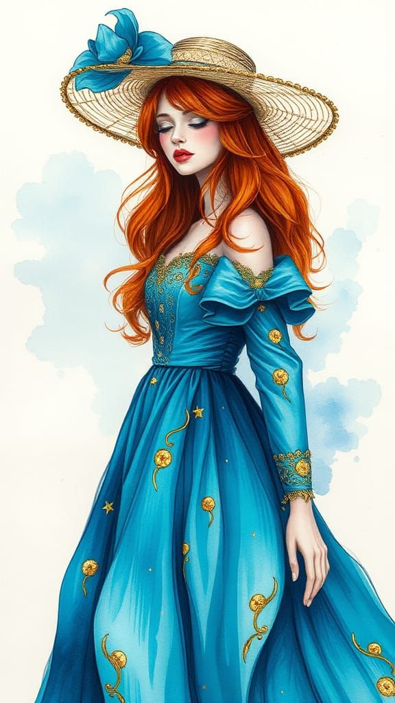 Redhead in Turquoise Dress: Watercolor Surreal Fashion