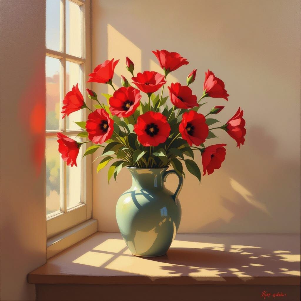 Red Flowers in Vase Oil Painting with Soft Window Shadow