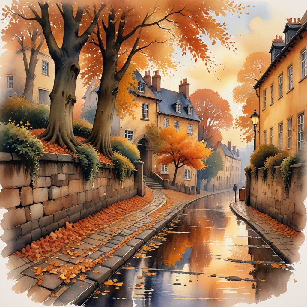 Autumnal Cobbled Street in Wet-on-Wet Watercolour