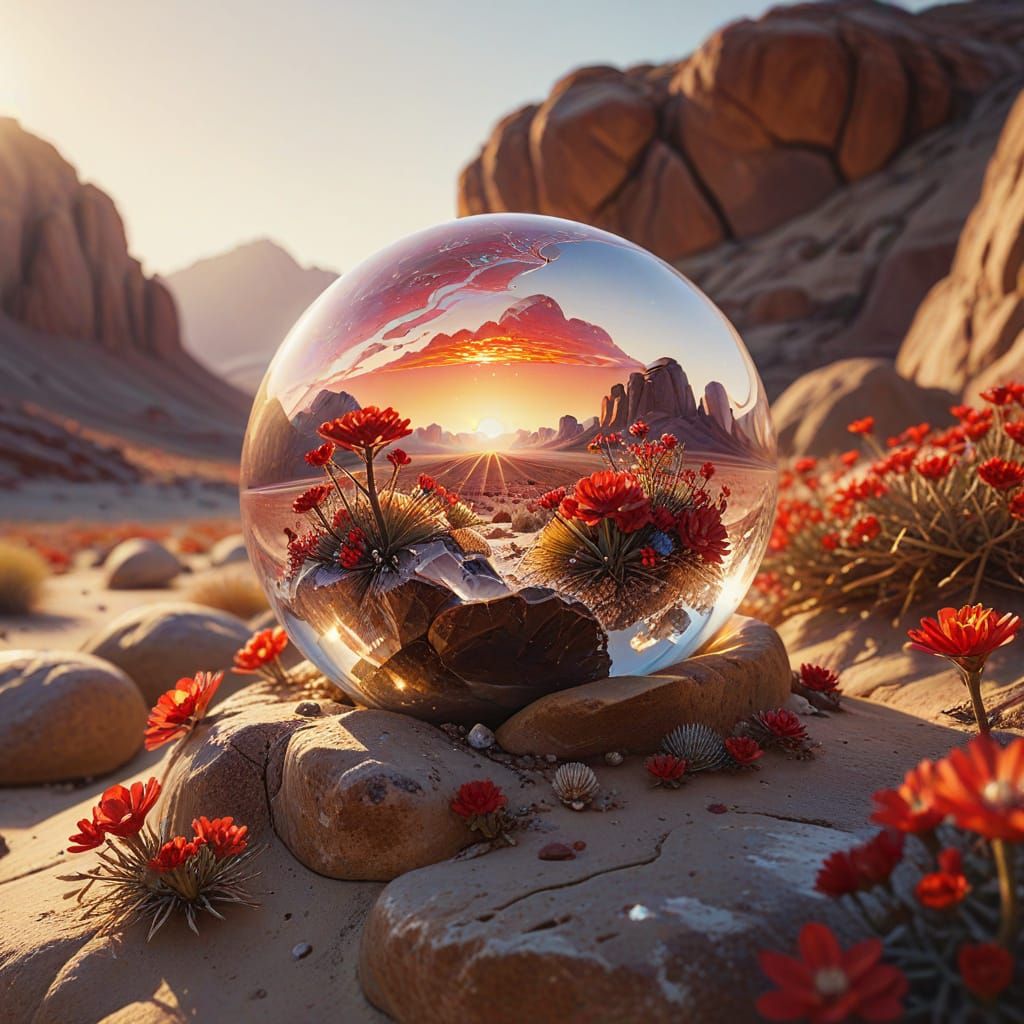 Desert Oasis in Crystal Sphere: Surreal Oil Painting