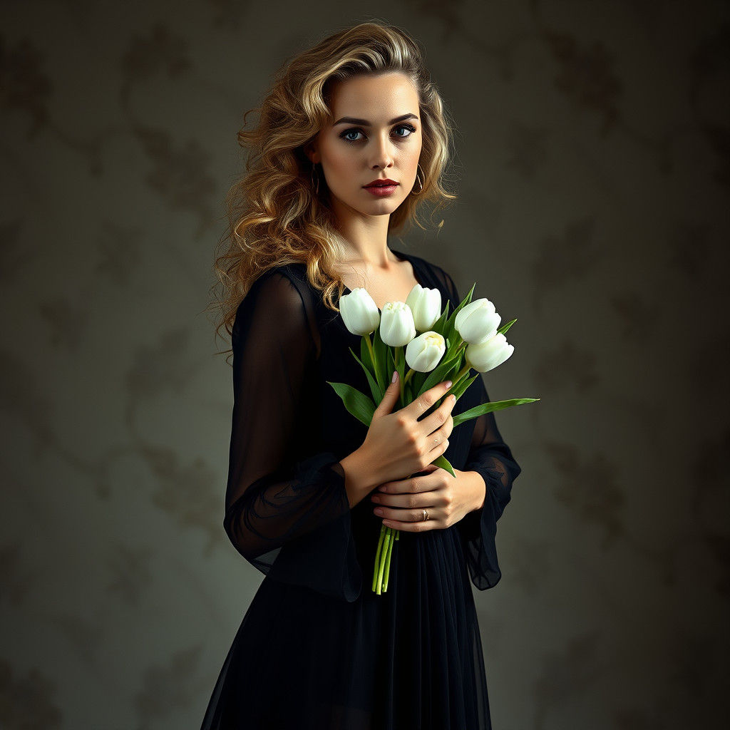 Dramatic Portrait of Woman with Tulips