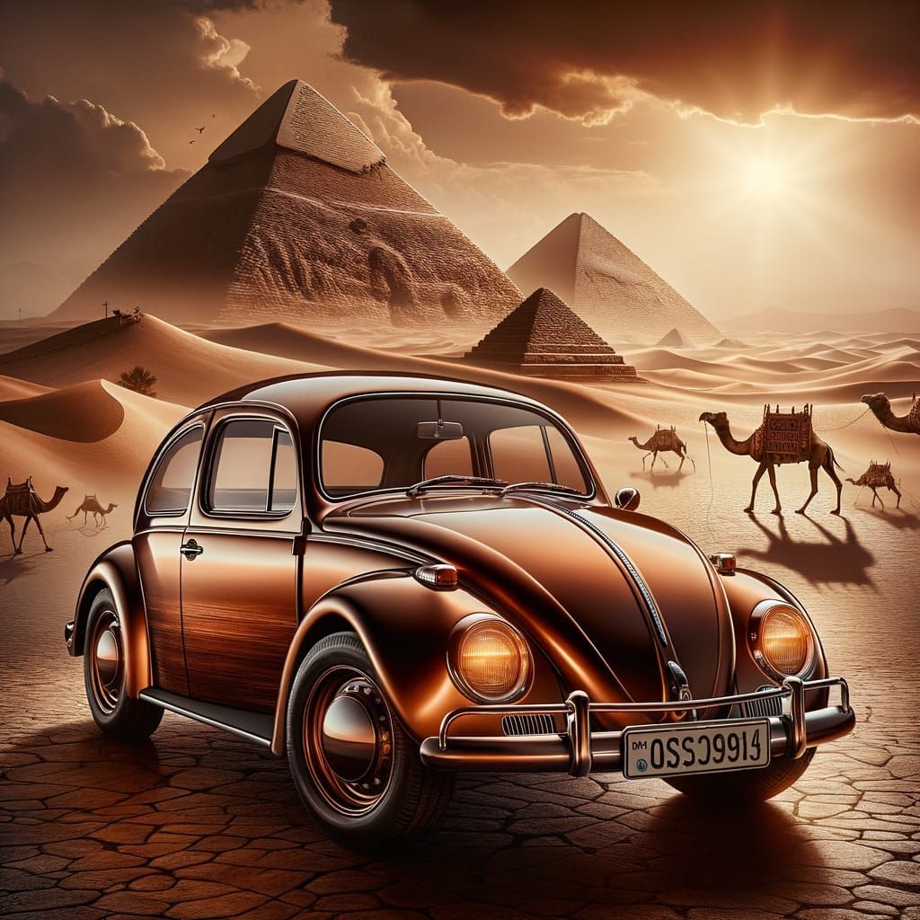 Metallic Brown VW Beetle in Desert Landscape