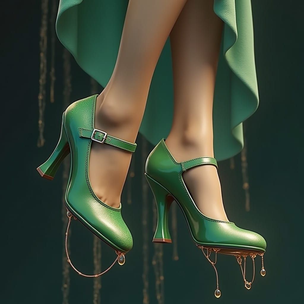 Woman's Feet Suspended by Glue in Vibrant Green Mary Janes