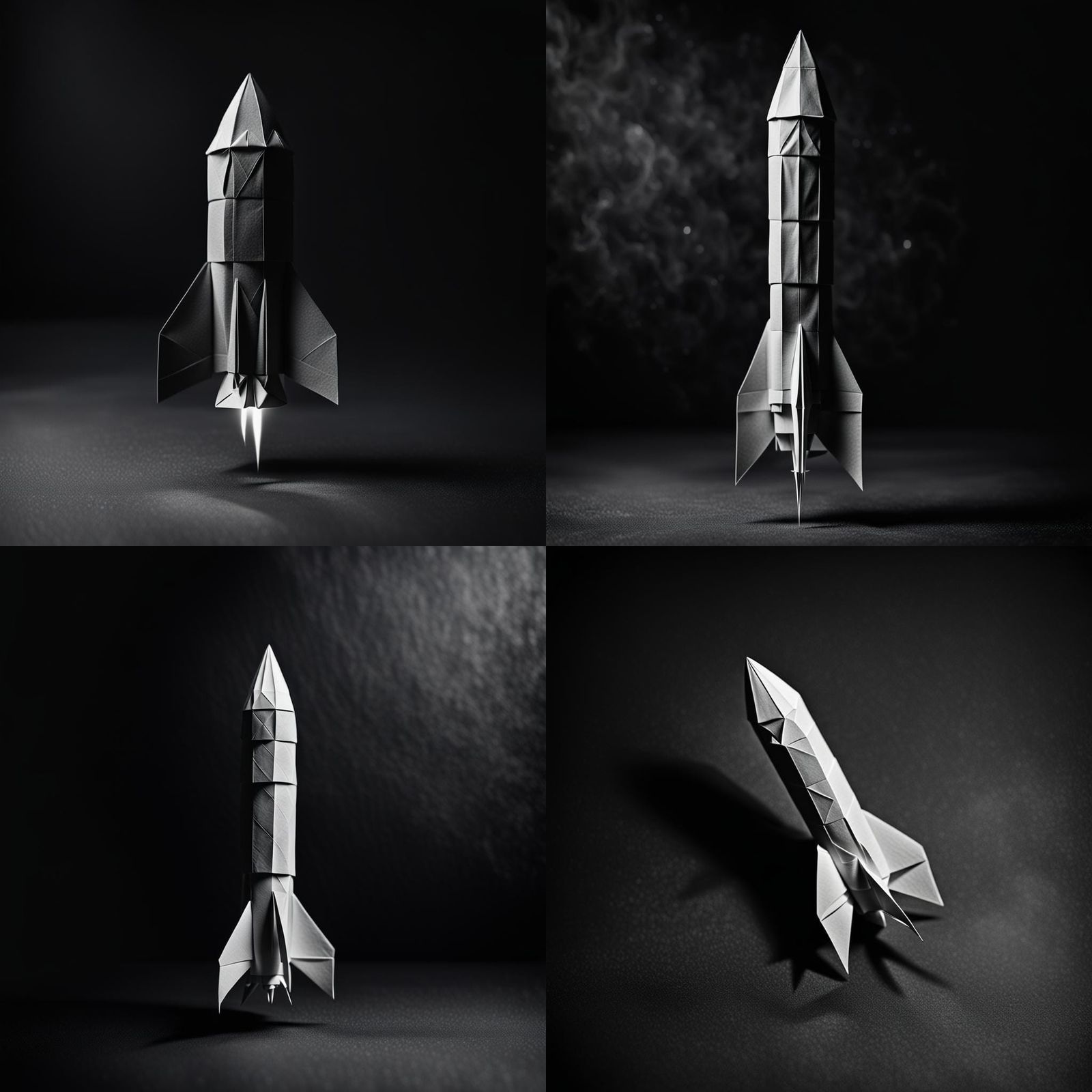Monochrome Rocket Launch in Origami Papercraft Style