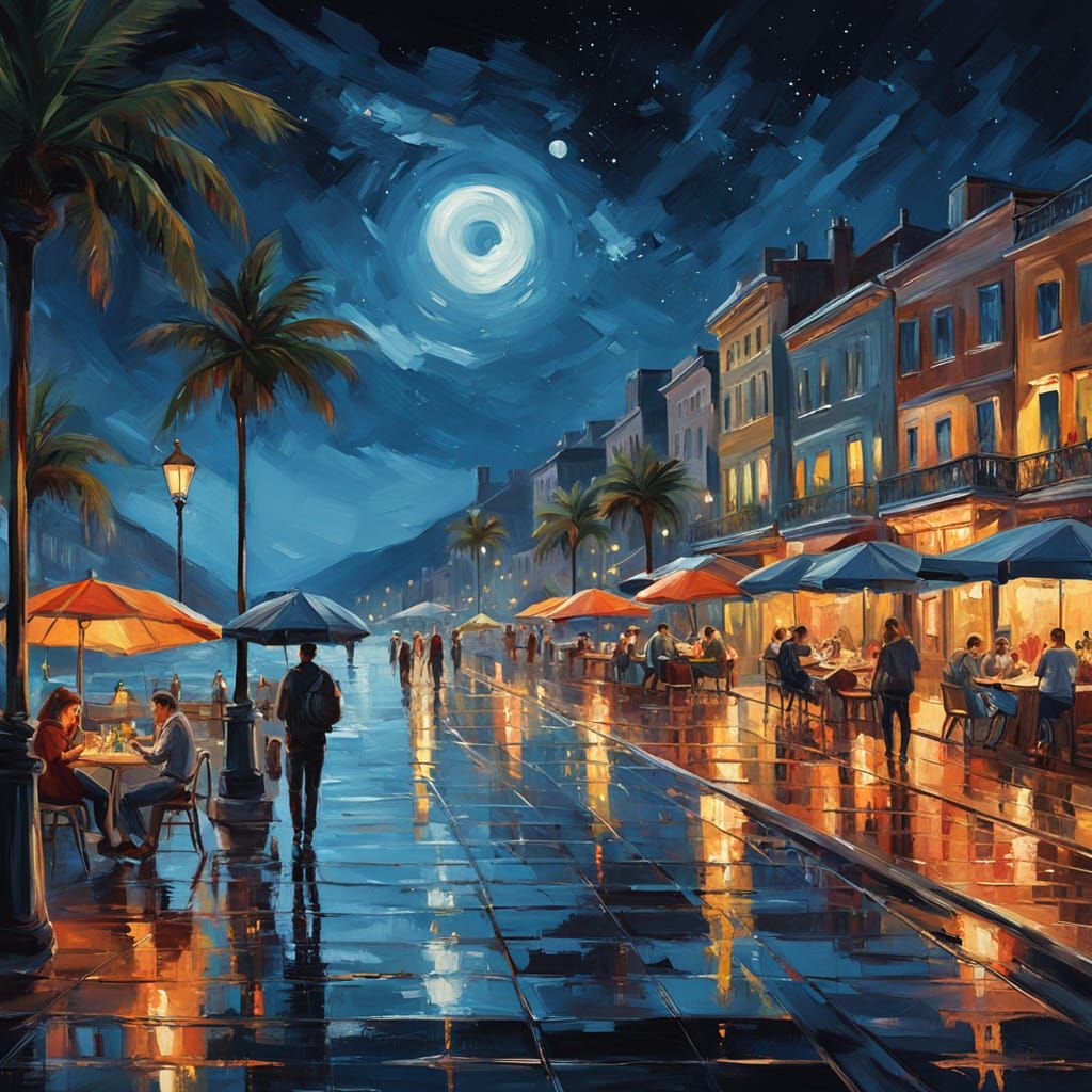 Gouache Painting of a Vibrant Seaside Boulevard at Night
