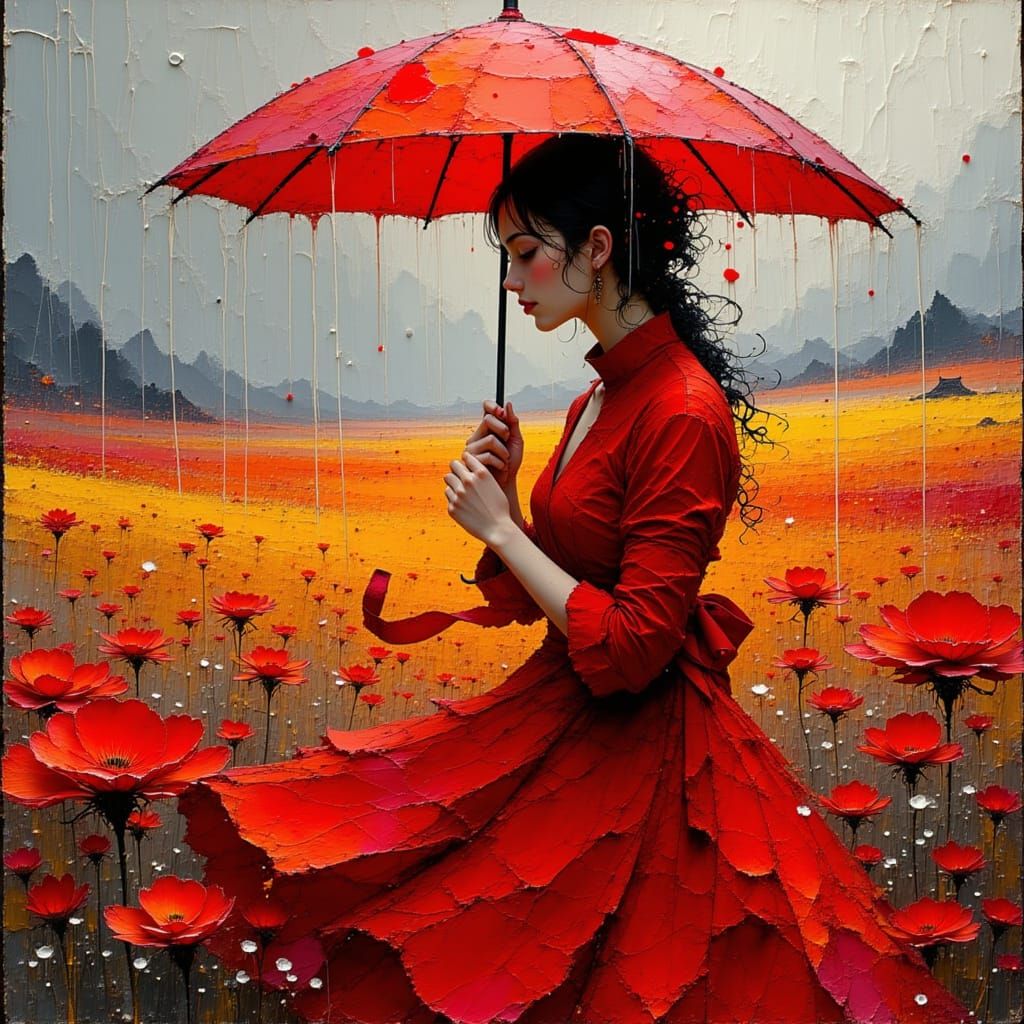 Vibrant Portrait of a Red-Haired Woman in Rainy Landscape