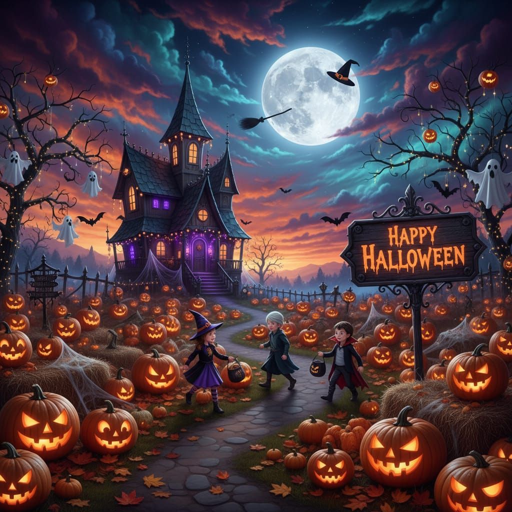 Vibrant Halloween Scene with Colorful Background