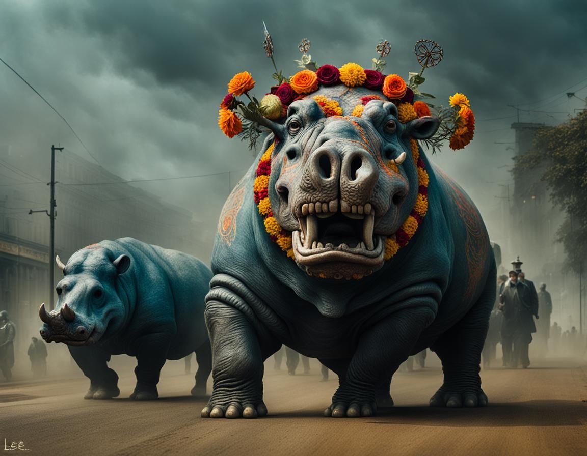 Hippopotamus in a Día de los Muertos Parade IX
