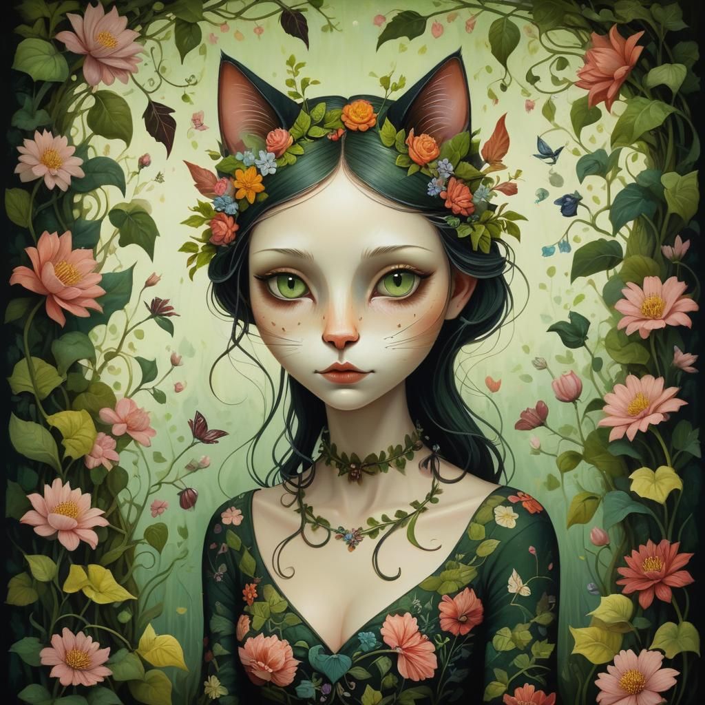 Mystical Woman-Cat Portrait in Folk Art Style