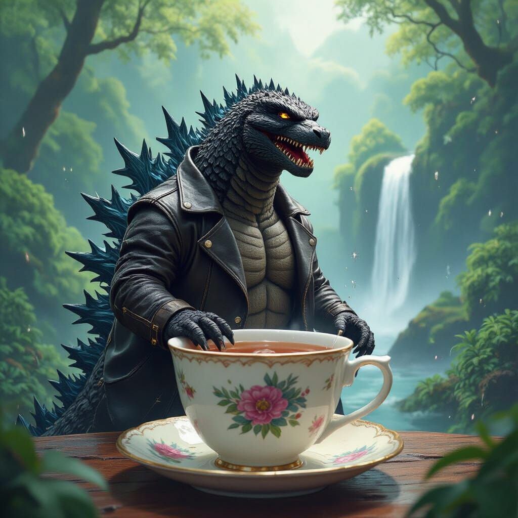 Godzilla in Teacup, Forest Waterfall Backdrop