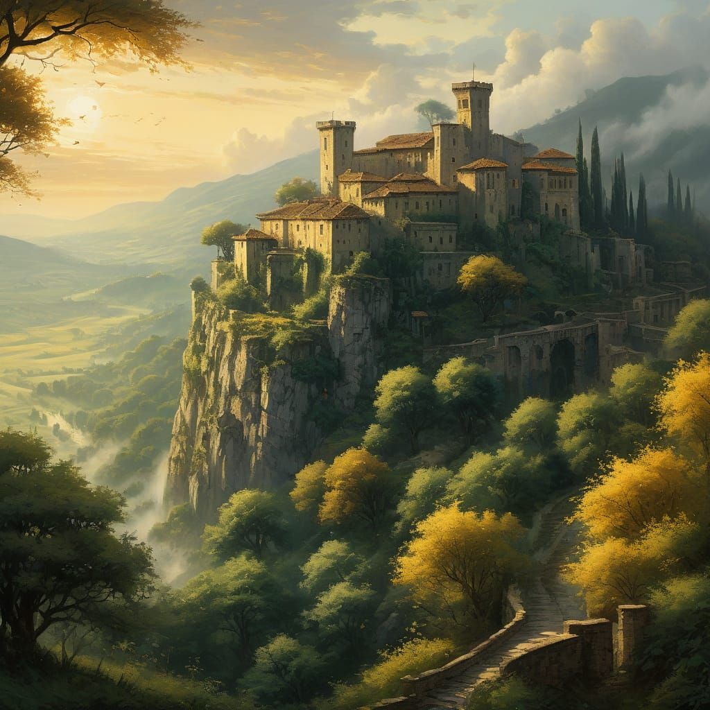 Majestic Castle Amidst Rolling Hills in Warm Golden Light