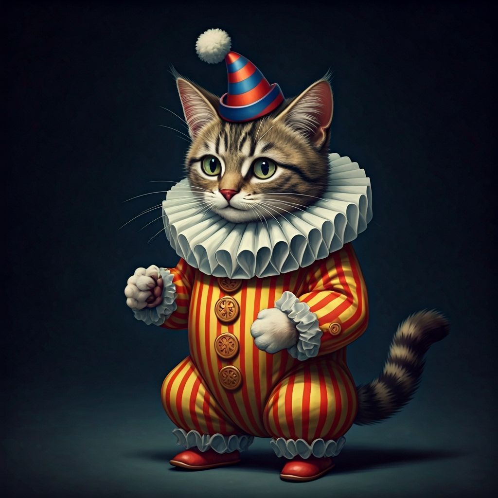 Tabby Kitten Clown in Tenniel Comic Style