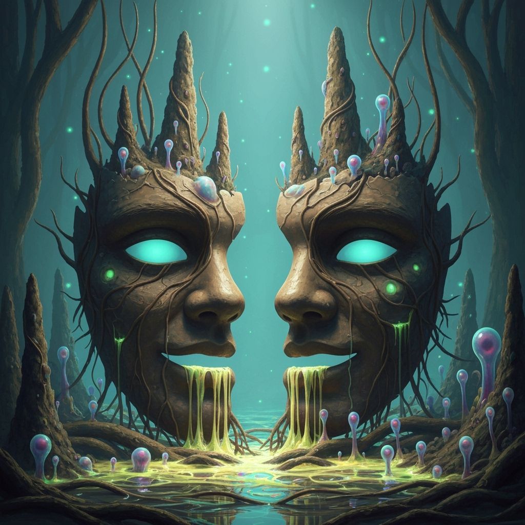 Fractured Mask Reveals Bioluminescent Swamp, Digital Art
