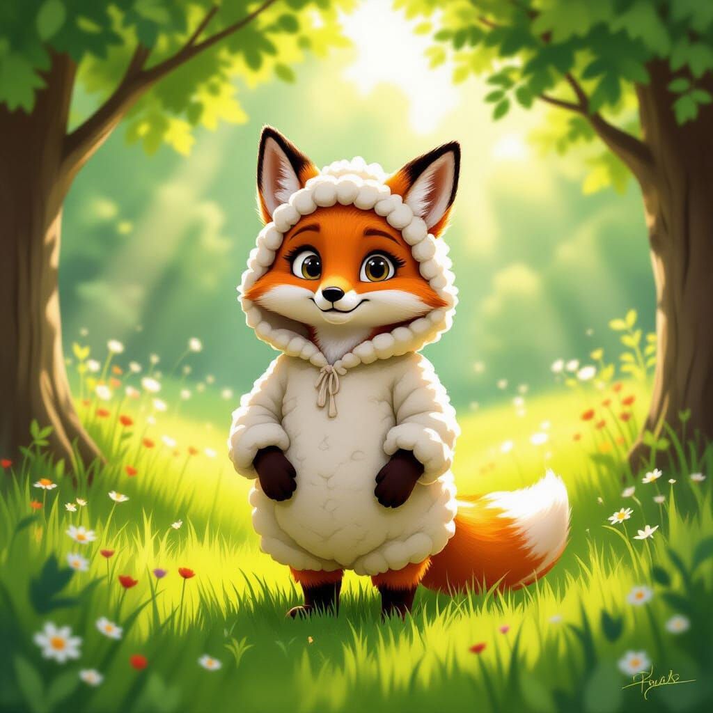 Whimsical Fox in Sheep Costume Digital Painting