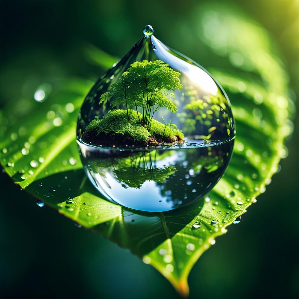 Fantasy Island Reflected in a Raindrop: Hyperrealistic Close...