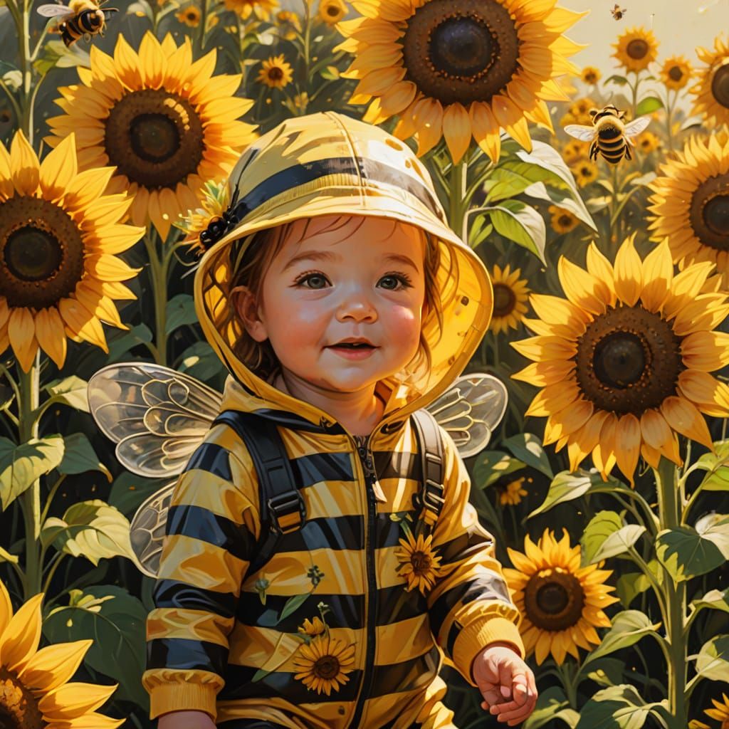 Baby Girl in Bee Outfit with Sunflowers: Oil Painting