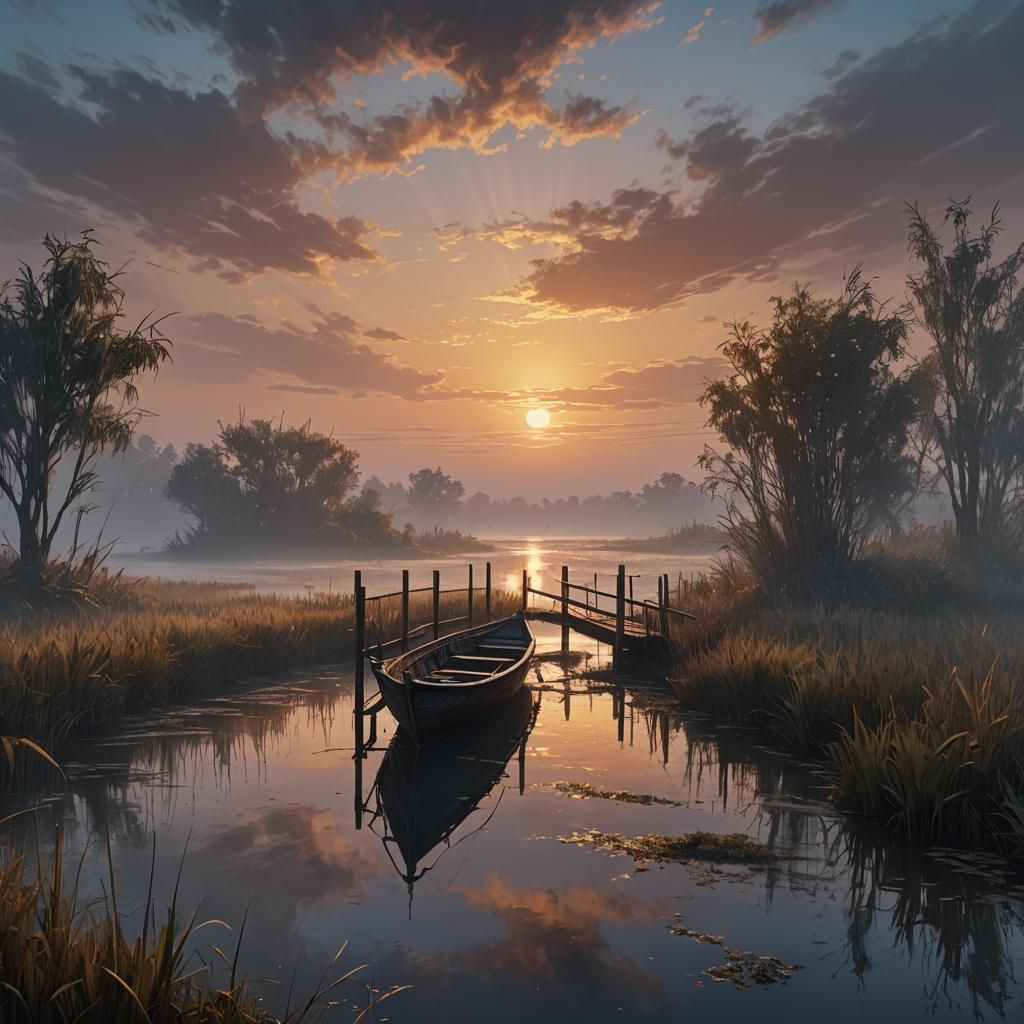 Impressionistic Bridge and Boat in Misty Sunset