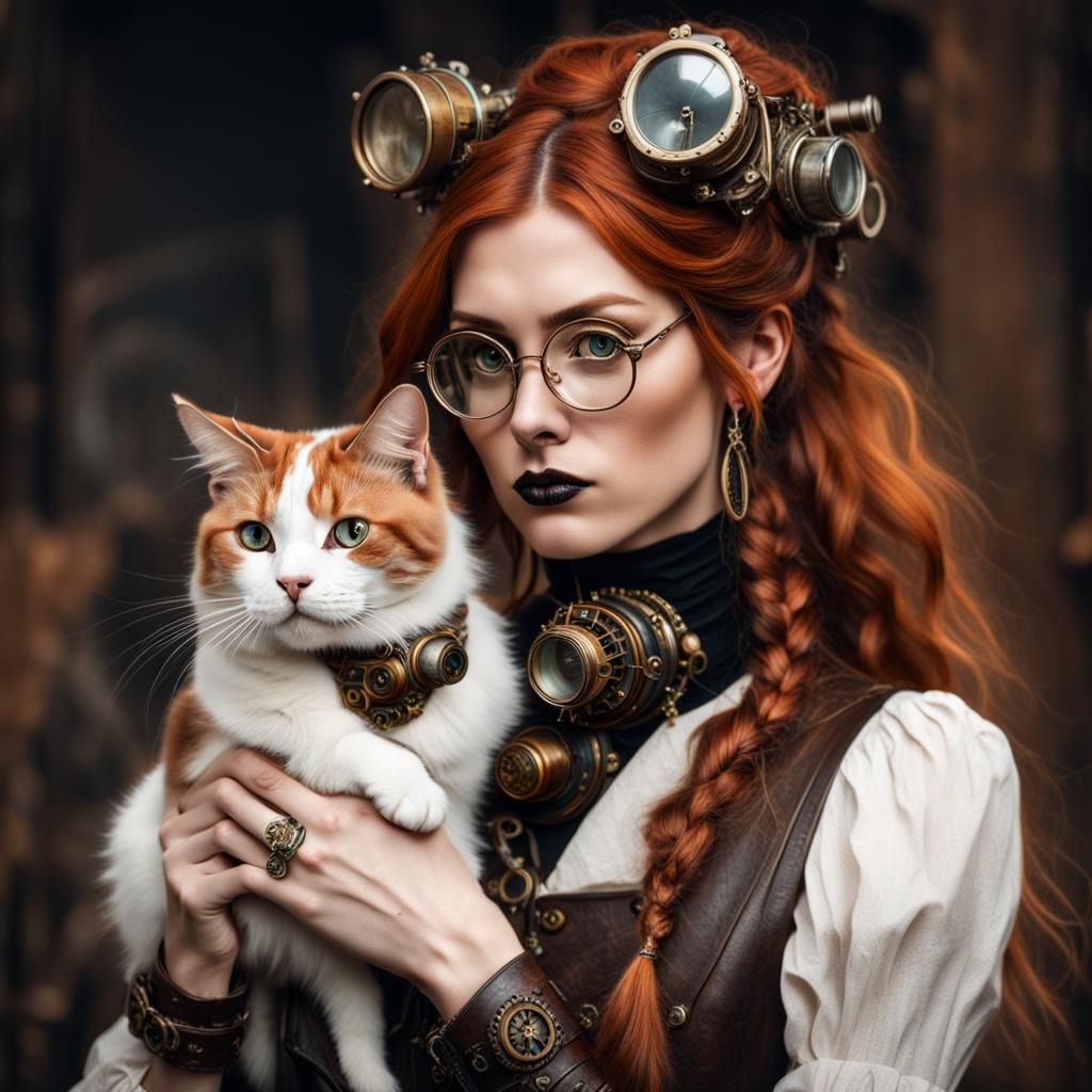 Girl with Cat and Steampunk Engine