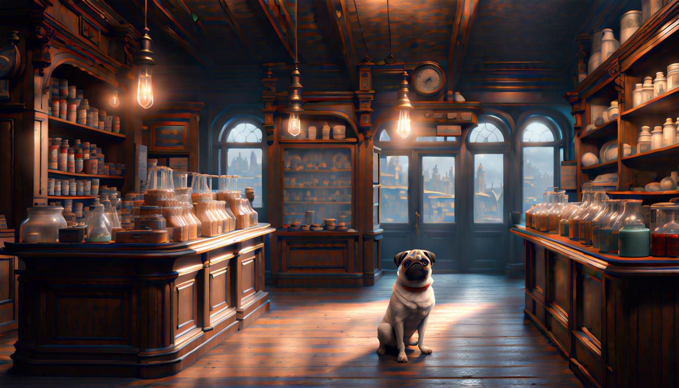 Pug in Victorian Store: Detailed Matte Painting