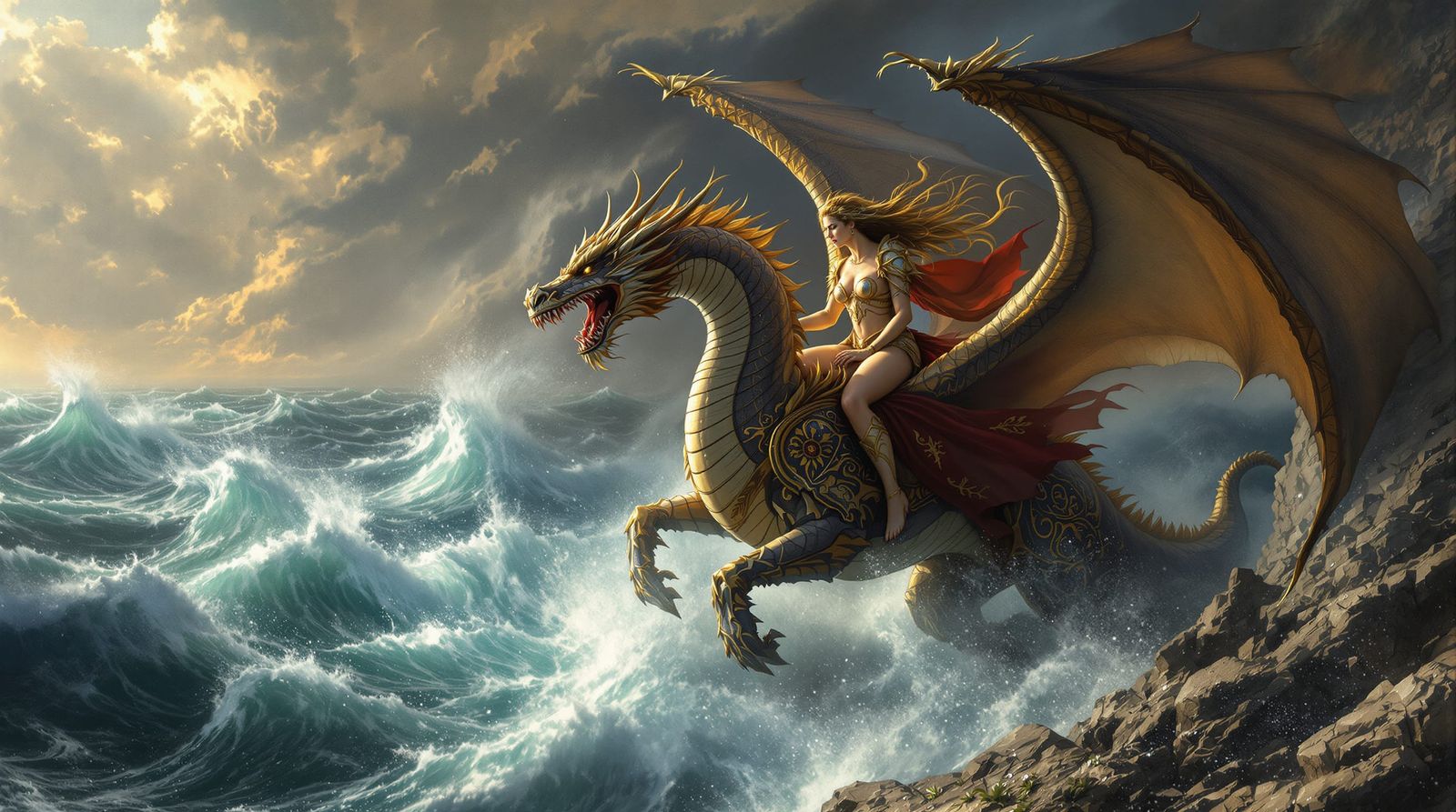 Athena on Winged Dragon Above Tempestuous Sea