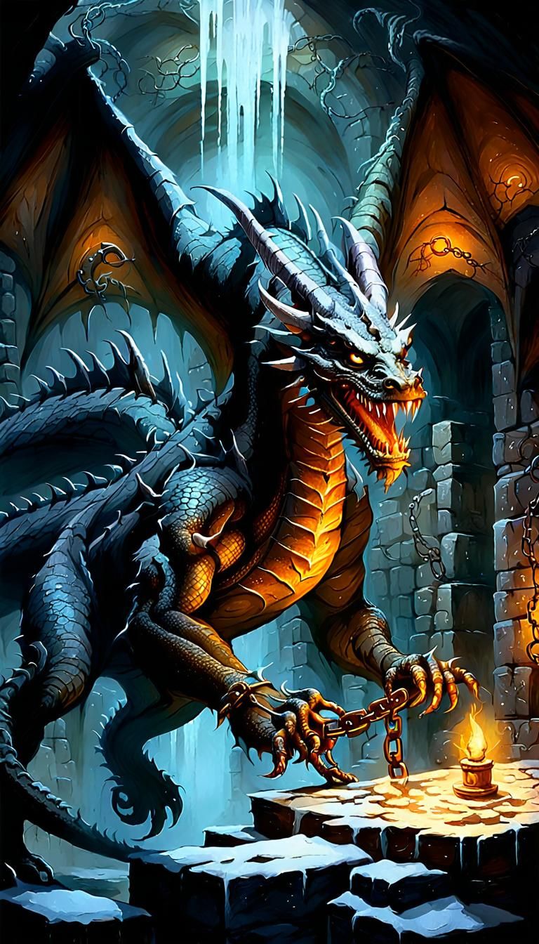 Chained Dragon in Dark Medieval Dungeon