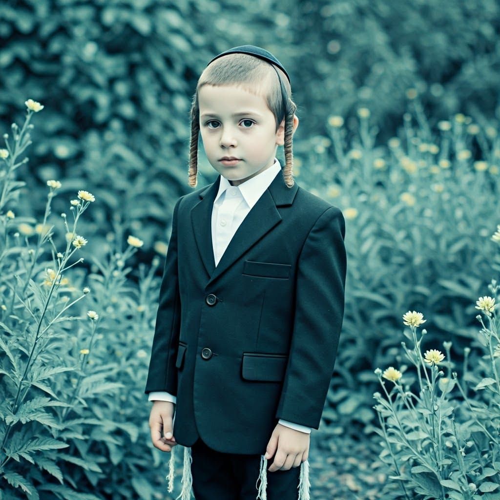 Serene Young Haredi Boy in a Sunlit Garden, in Cyanotype Sty...