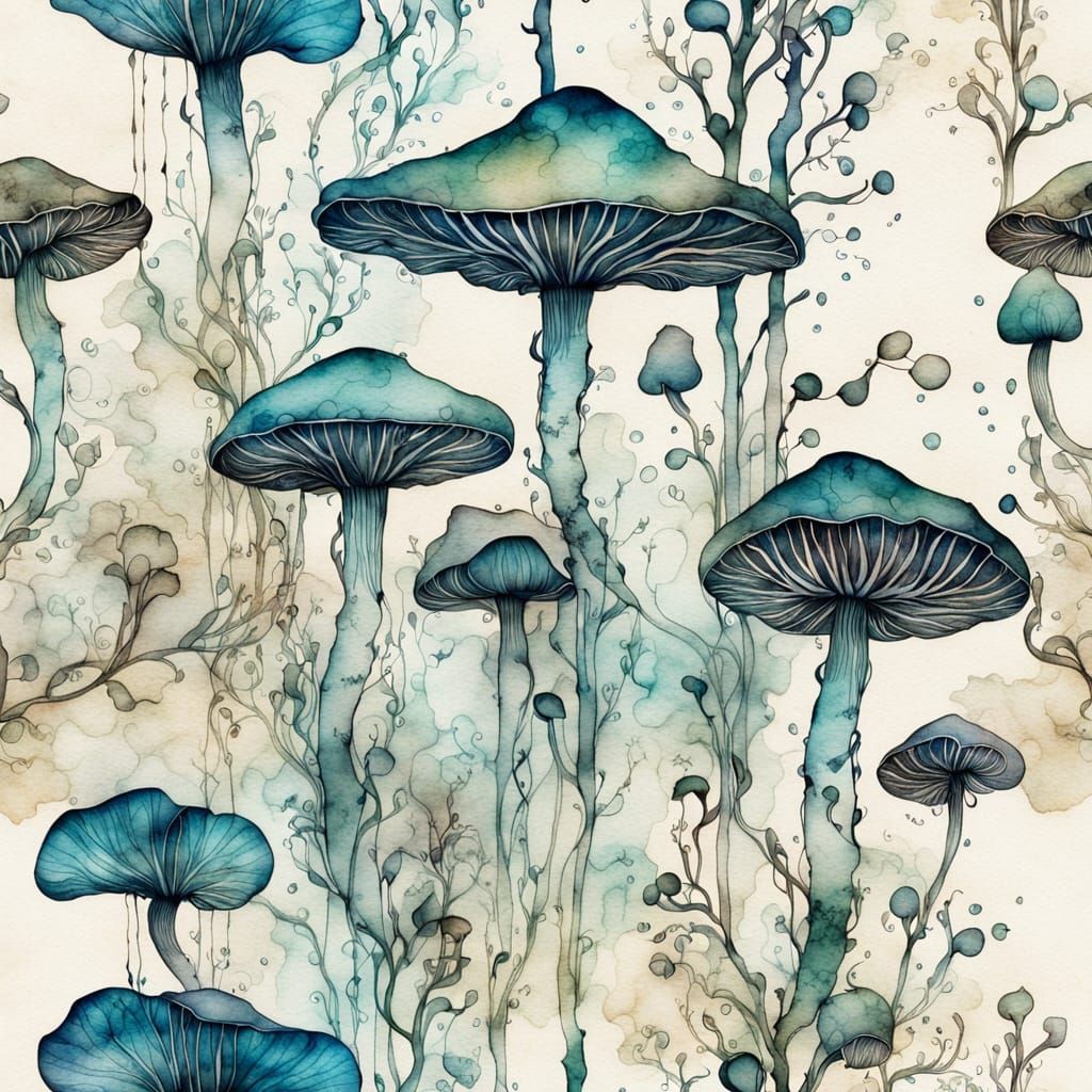 Bioluminescent Mushrooms Botanical Illustration on Parchment