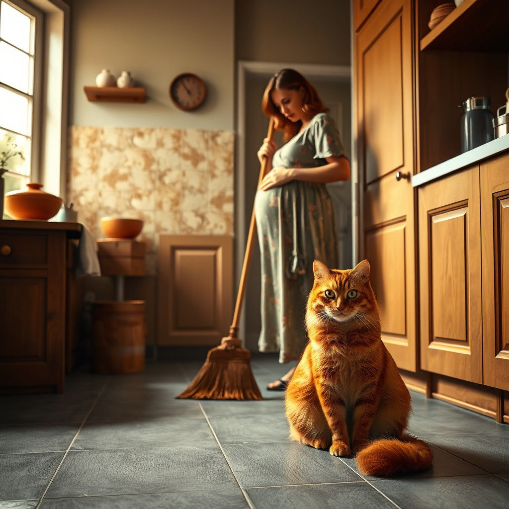 Serene Pregnant Woman Sweeping, Digital Painting