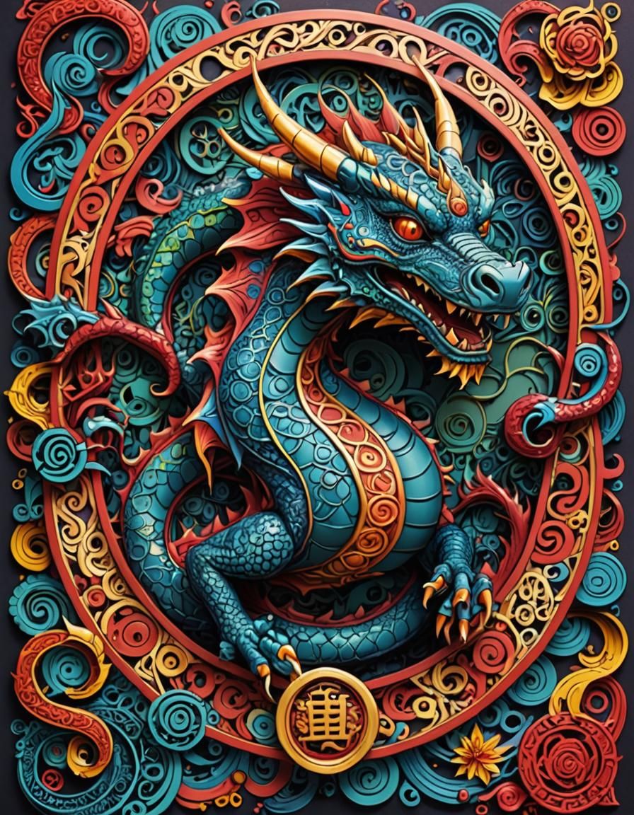 3D Dragon Zodiac Card in Zentangle Style