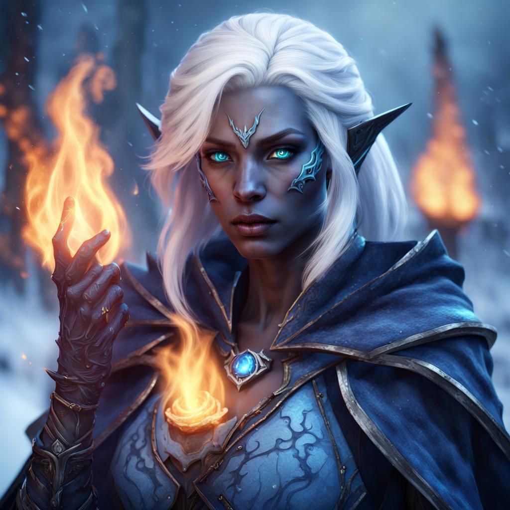 Drow Sorcerer Casts Blue Flame Spell on Battlefield